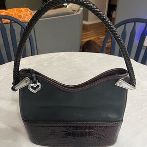 Brighton Gina Black Pebbled and Embossed Brown Trim Leather Hobo Bag (Used)